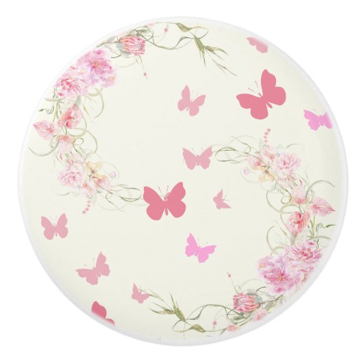 Pink Flowers, Butterflies, Pale Pink Background セラミックノブ (正面)