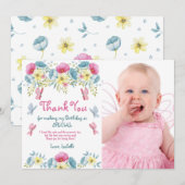 Pink Flowers Butterflies Photo Birthday サンキューカード (正面/裏面)
