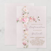 pink flowers cross Confirmation 招待状 (正面/裏面)