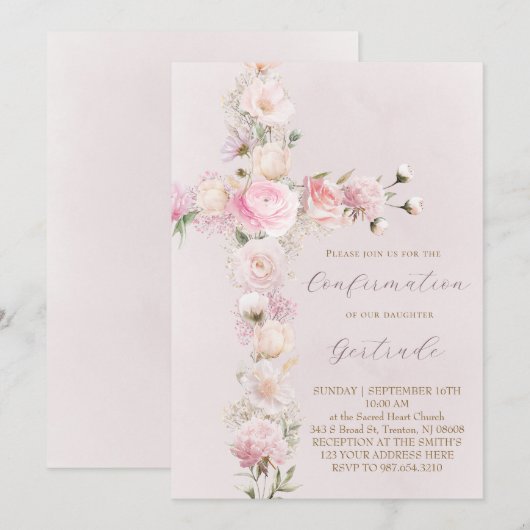 pink flowers cross  Confirmation 招待状 (正面/裏面)