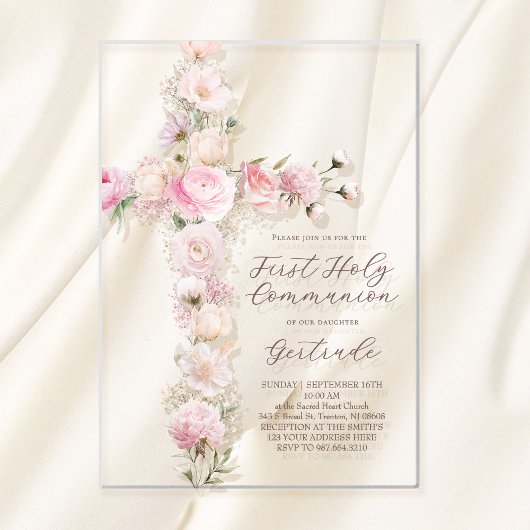 pink flowers cross First Holy Communion アクリル招待状