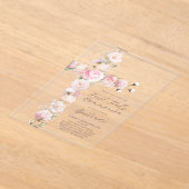 pink flowers cross First Holy Communion アクリル招待状 (レイダウン)