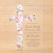 pink flowers cross First Holy Communion アクリル招待状 (正面)
