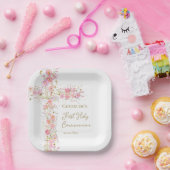  pink flowers cross First Holy Communion ペーパープレート (パーティー)
