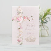 pink flowers cross First Holy Communion 招待状 (スタンド正面)