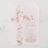 pink flowers cross First Holy Communion 招待状 (正面/裏面)