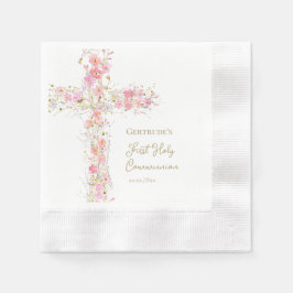  pink flowers cross First Holy Communion 縁ありカクテルナプキン