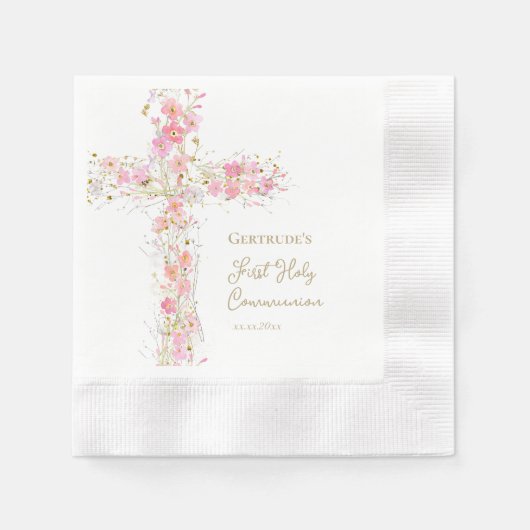  pink flowers cross First Holy Communion 縁ありカクテルナプキン (正面)