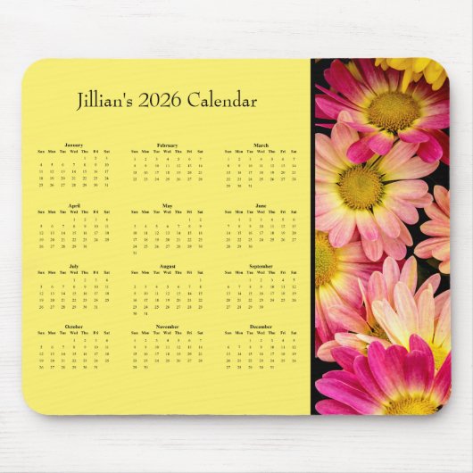 Pink Flowers: Customizable full year 2026 calendar マウスパッド (正面)