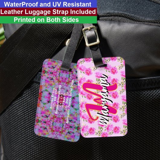 Pink Flowers (Cute Name & Initial) Girly Monogram ラゲッジタグ