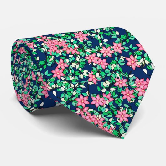 Pink flowers, dark blue background ネクタイ (ロール)