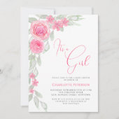 Pink Flowers Elegant Boho It's A Girl Baby Shower 招待状 (正面)