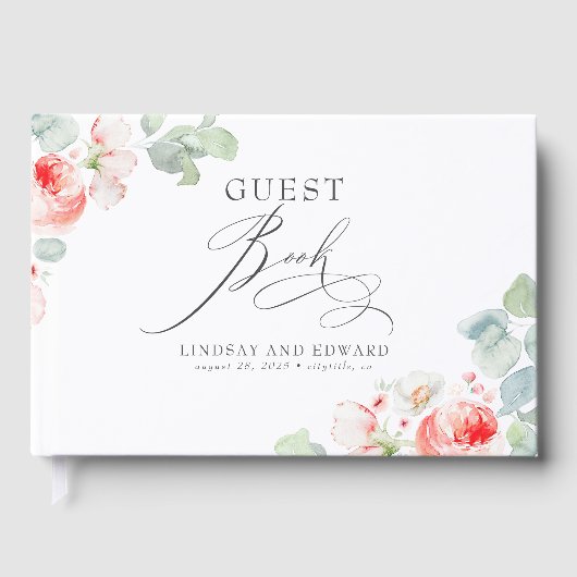Pink Flowers Elegant Romantic Greenery Wedding ゲストブック (正面)
