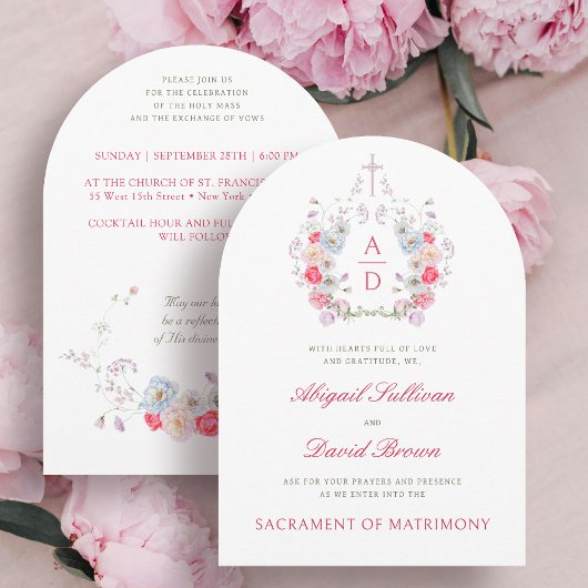 Pink Flowers Frame Catholic Wedding Invitation 招待状