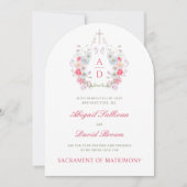 Pink Flowers Frame Catholic Wedding Invitation 招待状 (正面)