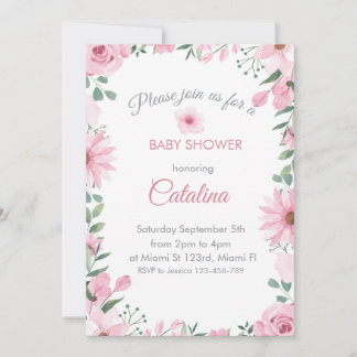 Pink flowers Girl Baby Shower Invitation 招待状