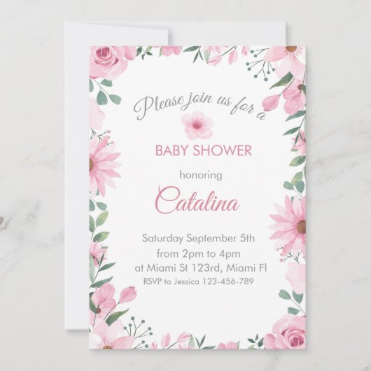 Pink flowers Girl Baby Shower Invitation 招待状 (正面)
