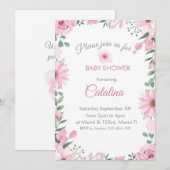 Pink flowers Girl Baby Shower Invitation 招待状 (正面/裏面)