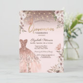 Pink Flowers Glitter Butterflies Dress Quinceañera 招待状 (スタンド正面)