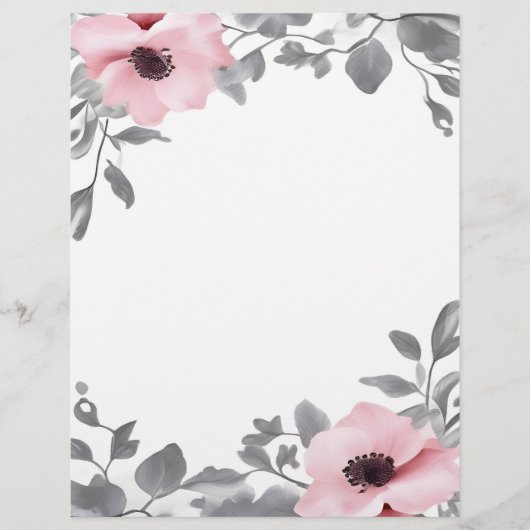 Pink Flowers Gray Accents Stationery Paper レターヘッド (正面)