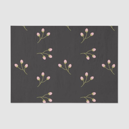 Pink Flowers Green Stem Black Floral Spring 薄葉紙 (正面)