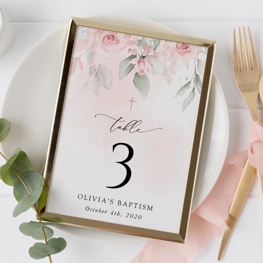 Pink Flowers, Greenery, Baptism Table Numbers テーブルナンバー