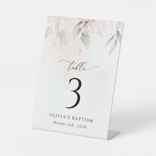 Pink Flowers, Greenery, Baptism Table Numbers 台座サイン (正面)