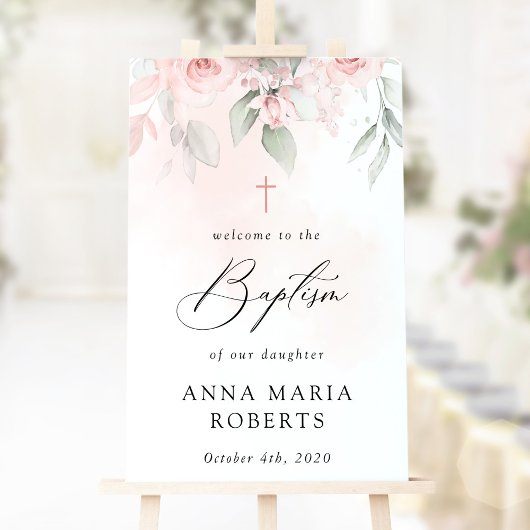 Pink Flowers, Greenery, Boho, Baptism Welcome ポスター