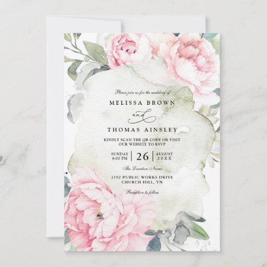 Pink Flowers Greenery Elegant QR Code Wedding 招待状 (正面)
