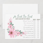 Pink Flowers He Said She Said Bridal Shower Game アドバイスカード (正面/裏面)
