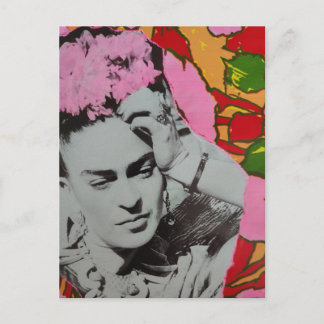 Pink Flowers in Her Hair Mixed Media Collage ポストカード