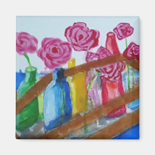 pink flowers in vases painting magnet マグネット (正面)