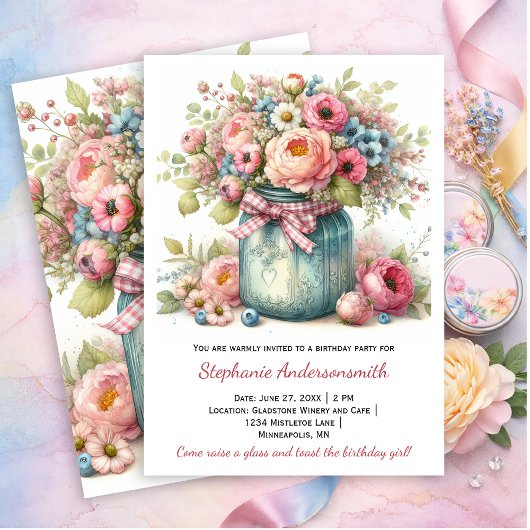 Pink Flowers Mason Jar Birthday Party | Invitation 招待状
