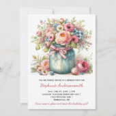 Pink Flowers Mason Jar Birthday Party | Invitation 招待状 (正面)