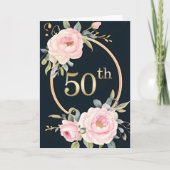 Pink Flowers on Black 50th Wedding Anniversary カード (正面)