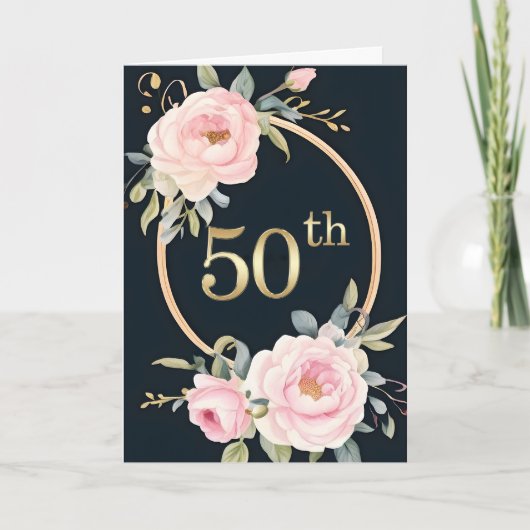 Pink Flowers on Black 50th Wedding Anniversary カード (正面)