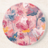 Pink Flowers Painted Brushtrokes Botanical Pattern コースター (正面)