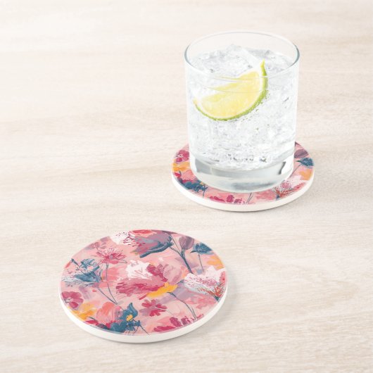 Pink Flowers Painted Brushtrokes Botanical Pattern コースター (側面)