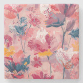 Pink Flowers Painted Brushtrokes Botanical Pattern ストーンコースター (正面)