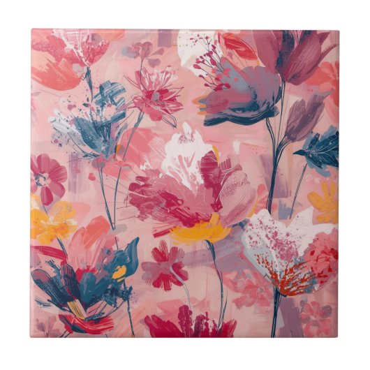 Pink Flowers Painted Brushtrokes Botanical Pattern タイル (正面)