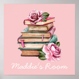 Pink flowers reading book cute kids room poster ポスター