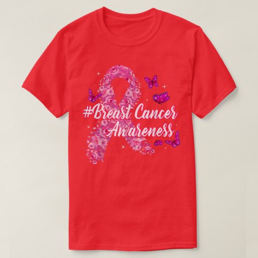 Pink Flowers Ribbon Breast Cancer Awareness  Tシャツ (デザイン正面)
