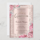 Pink Flowers Rose Gold Glitter Frame Crown  招待状 (正面)
