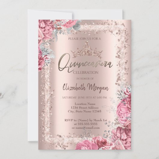Pink Flowers Rose Gold Glitter Frame Crown  招待状 (正面)