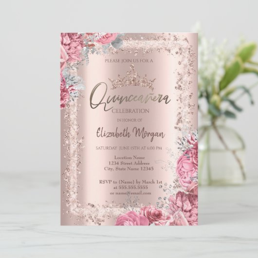 Pink Flowers Rose Gold Glitter Frame Crown  招待状 (スタンド正面)