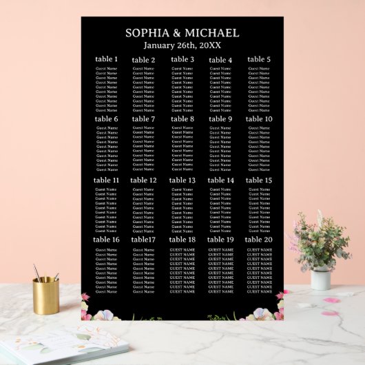 Pink Flowers Simple Wedding Seating Charts アクリルサイン (ウェディング)