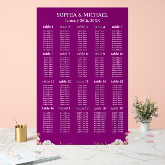 Pink Flowers Simple Wedding Seating Charts アクリルサイン (ウェディング)