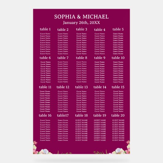 Pink Flowers Simple Wedding Seating Charts アクリルサイン (正面)