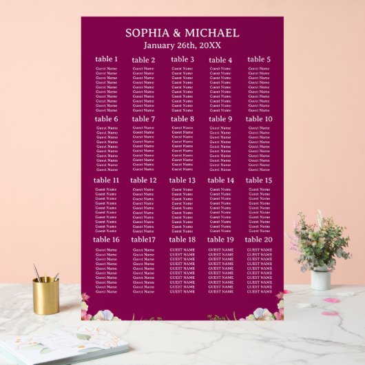 Pink Flowers Simple Wedding Seating Charts アクリルサイン (ウェディング)