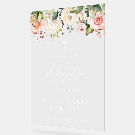 Pink Flowers, White Flowers, Boho, Baptism Welcome アクリルサイン (傾斜)